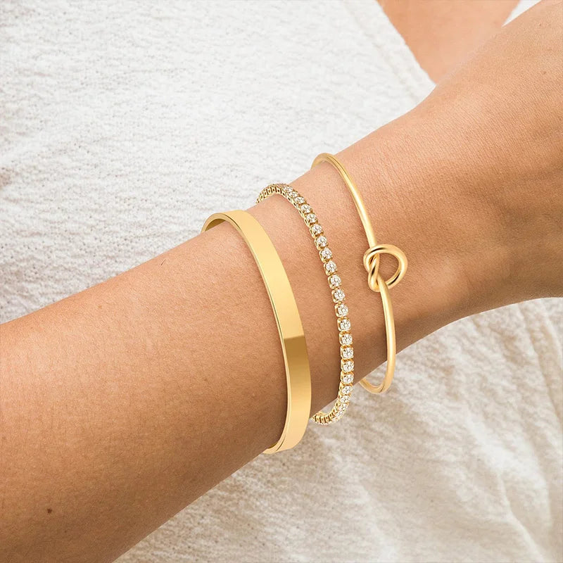 3 peças de pulseiras de aço inoxidável banhadas a ouro para mulheres