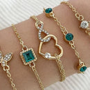 Conjunto de 5 peças de pulseiras de cristal verde com pedra Hallow Out Heart para mulheres