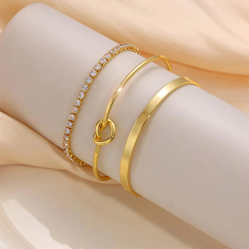 3 peças de pulseiras de aço inoxidável banhadas a ouro para mulheres