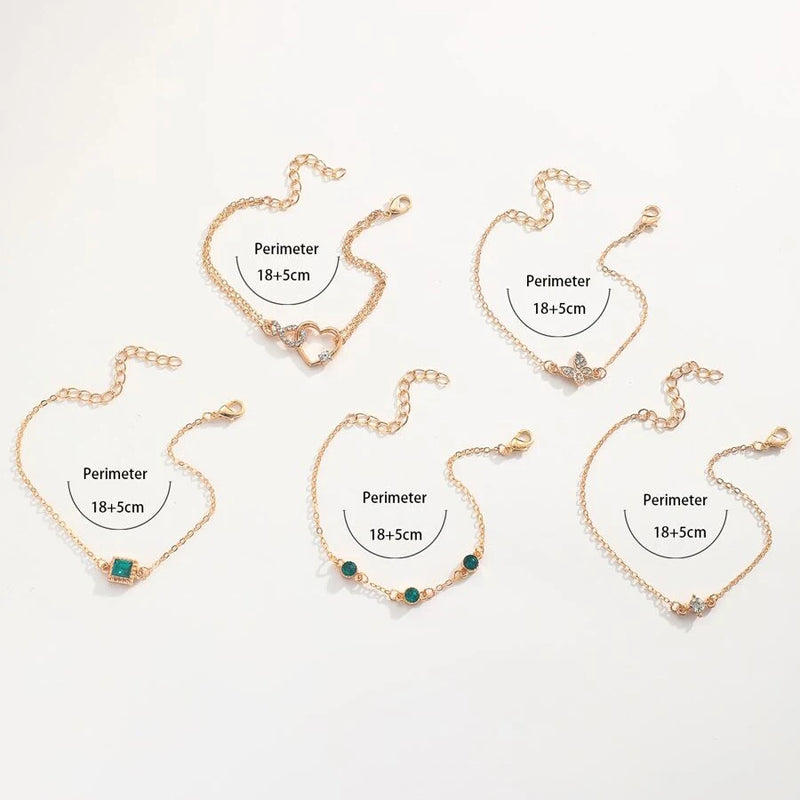 Conjunto de 5 peças de pulseiras de cristal verde com pedra Hallow Out Heart para mulheres