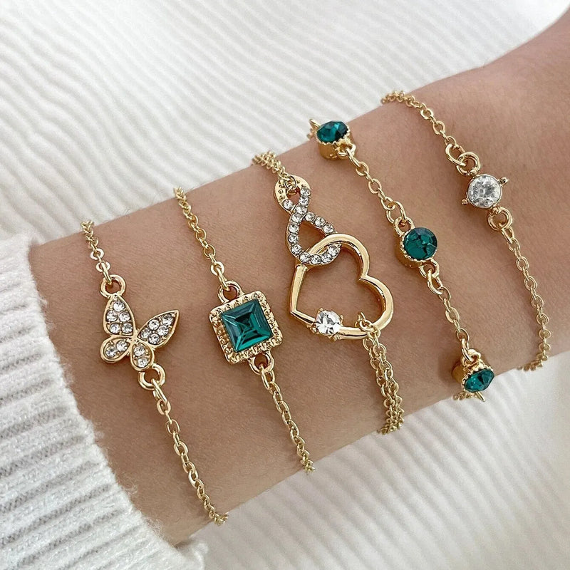 Conjunto de 5 peças de pulseiras de cristal verde com pedra Hallow Out Heart para mulheres