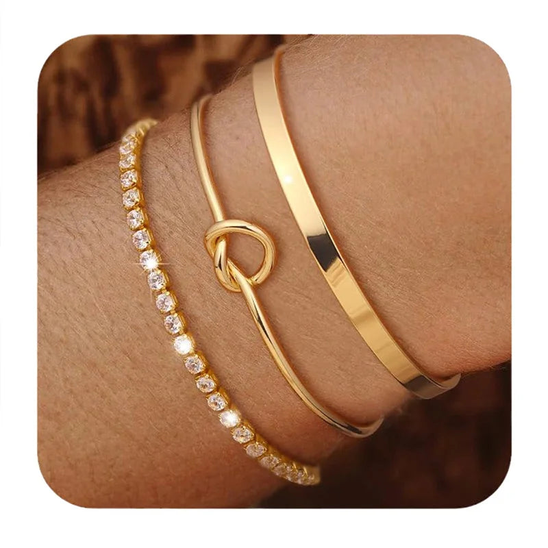 3 peças de pulseiras de aço inoxidável banhadas a ouro para mulheres