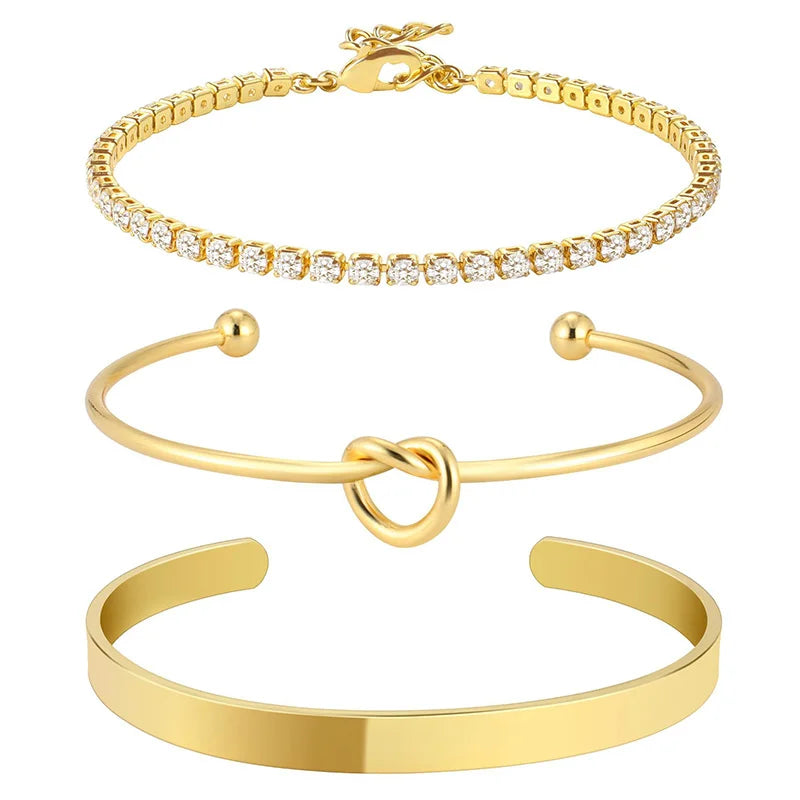 3 peças de pulseiras de aço inoxidável banhadas a ouro para mulheres