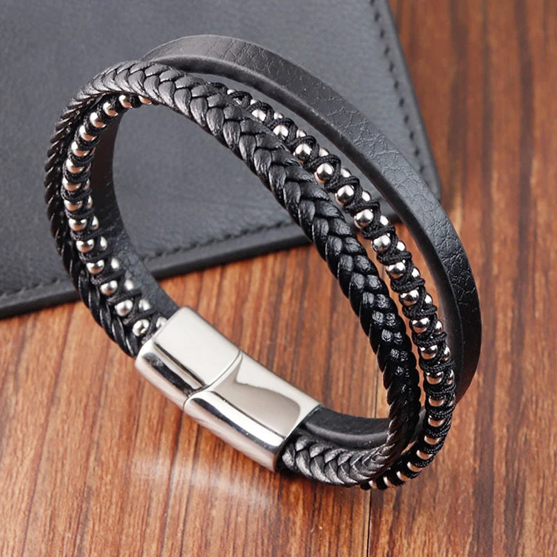 Pulseiras masculinas de couro preto