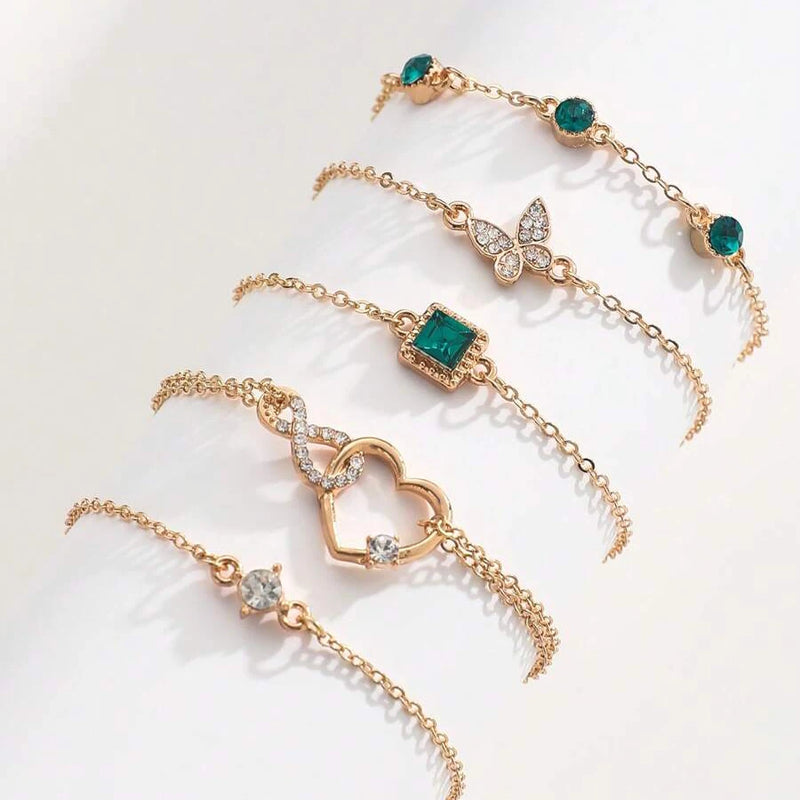Conjunto de 5 peças de pulseiras de cristal verde com pedra Hallow Out Heart para mulheres
