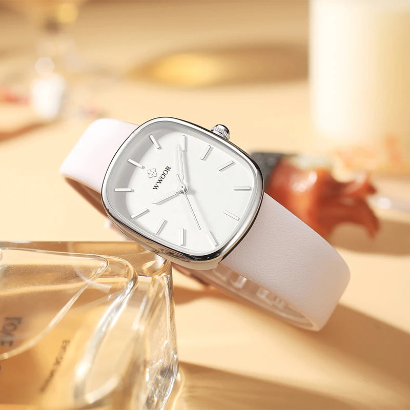 Relógio feminino pulseira em couro minimalista elegante